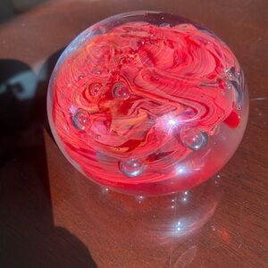 Vibrant Red Swirl Glass Art Sphere Paper weight signed by artist